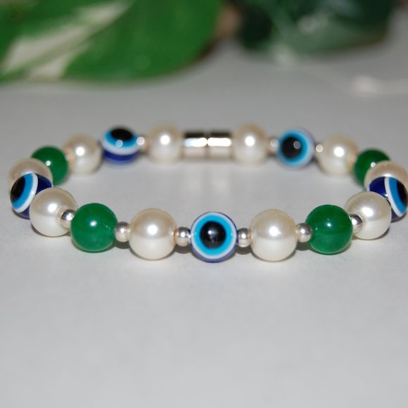Evil Eye Bracelet,Pearl and Jade Bracelet,Good Luck Bracelet,Magnetic Closure - Picture 2 of 4